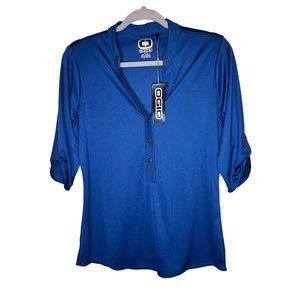OGIO NWT Women's Short Roll Tab Sleeve Royal Blue Snap Henley Size M